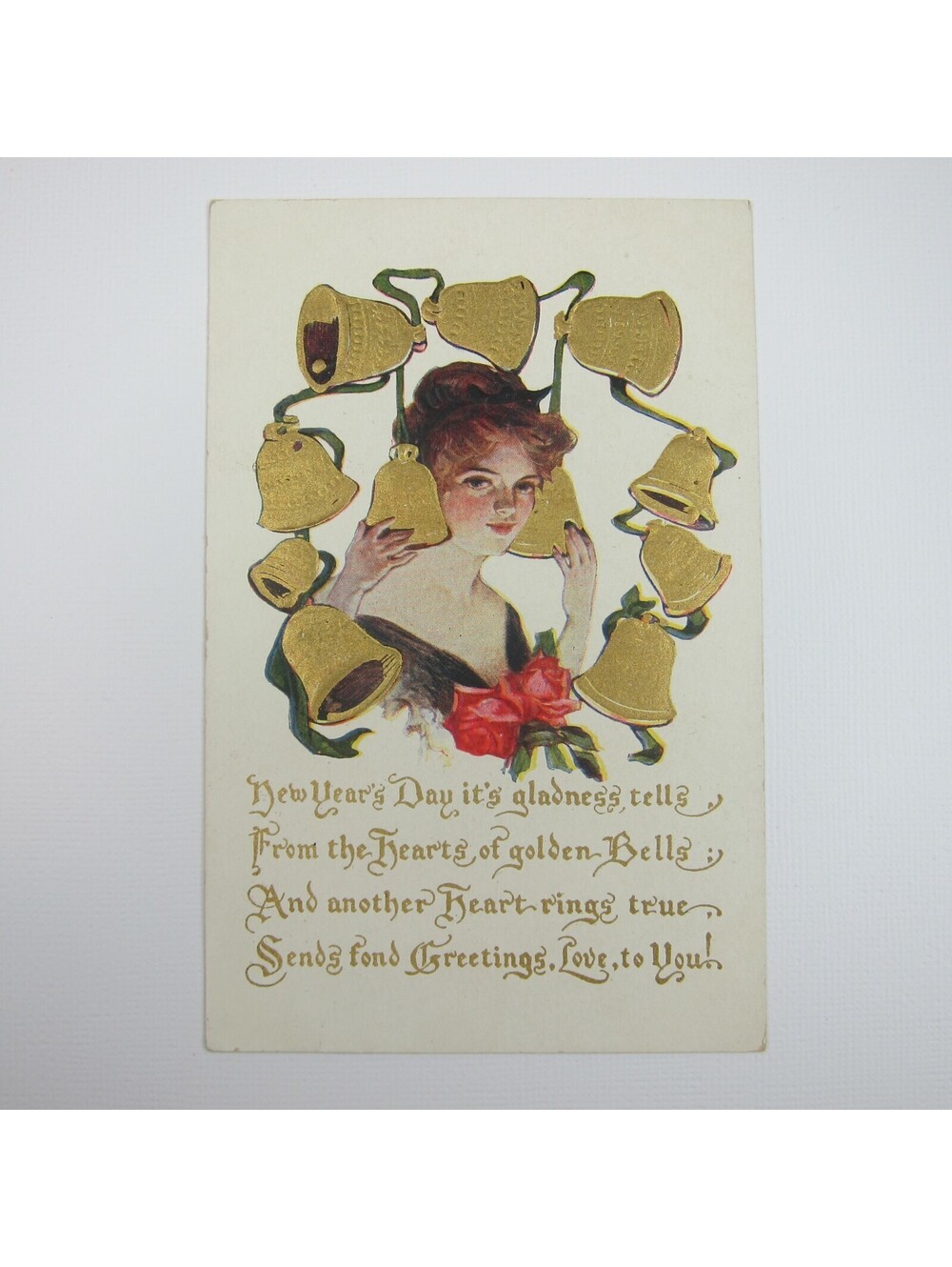 Postcard New Years Day Antique Embossed Gold Bells Lady & Red Roses UNPOSTED